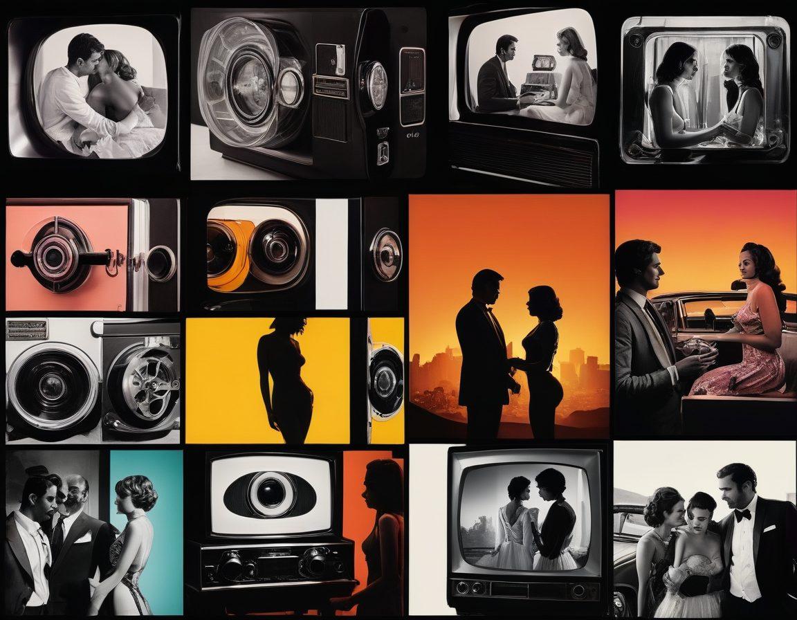 A dynamic collage depicting the evolution of adult film, showcasing vintage film reels, modern streaming devices, and iconic imagery representing different eras of sexual entertainment. Include symbols of cultural shifts, like 70s retro styles merging with futuristic digital elements, and silhouettes of diverse couples in various intimate poses. The background should symbolize change, such as a gradient fading from black and white to vibrant colors, illustrating the progression over time. super-realistic. vibrant colors. cinematic style.