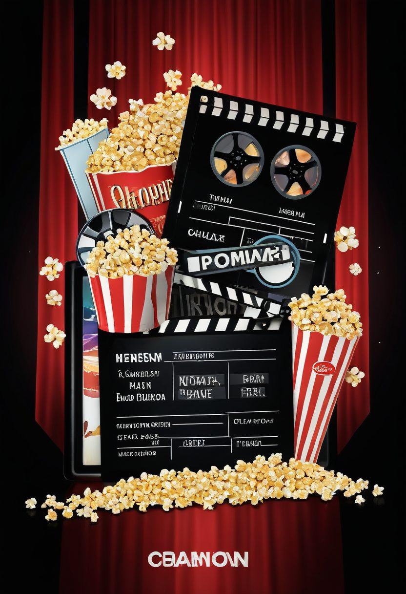 A striking juxtaposition of two film screens, one featuring vintage adult film posters with risqué designs and the other showcasing modern mainstream film scenes depicted in a glamorous red carpet setting. Include a timeline element flowing seamlessly between the two eras, with iconic symbols of each period like an old film reel and a digital streaming device. The background should be an abstract blend of cinematic elements, like popcorn and clapperboards. vibrant colors. super-realistic.